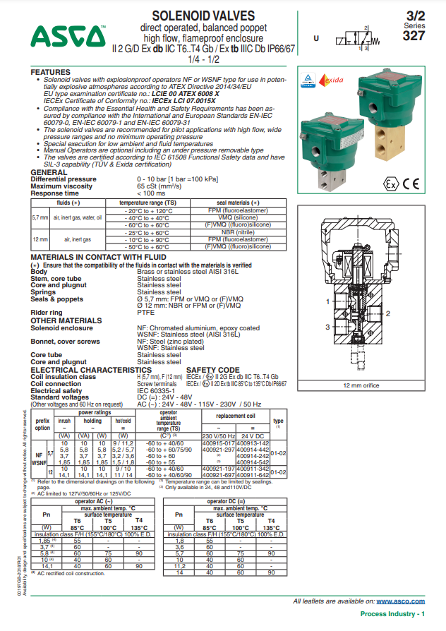 ASCO 327 USER GUIDE 327 SERIES: DIRECT OPERATED, BALANCED POPPET, HIGH FLOW, FLAMEPROOF SOLENOID VALVES